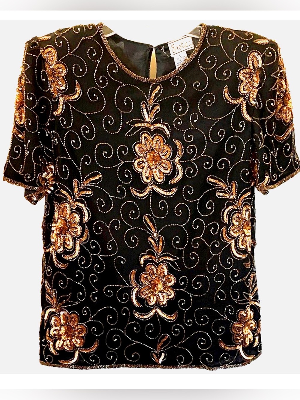 Vintage Black Gold Beaded Sequin Silk Top Small Evening Cocktail Holiday Party